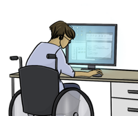 Rollstuhl-Arbeitsplatz Grafik von einem jungen Mann im Rollstuhl der am PC arbeitet