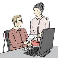 Blinde Person am PC Grafik von einem blinden Mann am PC, der von einer Frau ein Blatt Papier bekommt