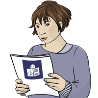 Leichte Sprache lesen Grafik von einer Frau die ein Blatt Papier in leichter Sprache liest