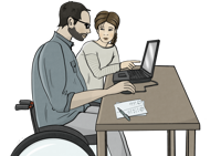 Computer prüfen Grafik von einer Frau und einem blinden Mann, die den Laptop auf Barrierefreiheit überprüfen